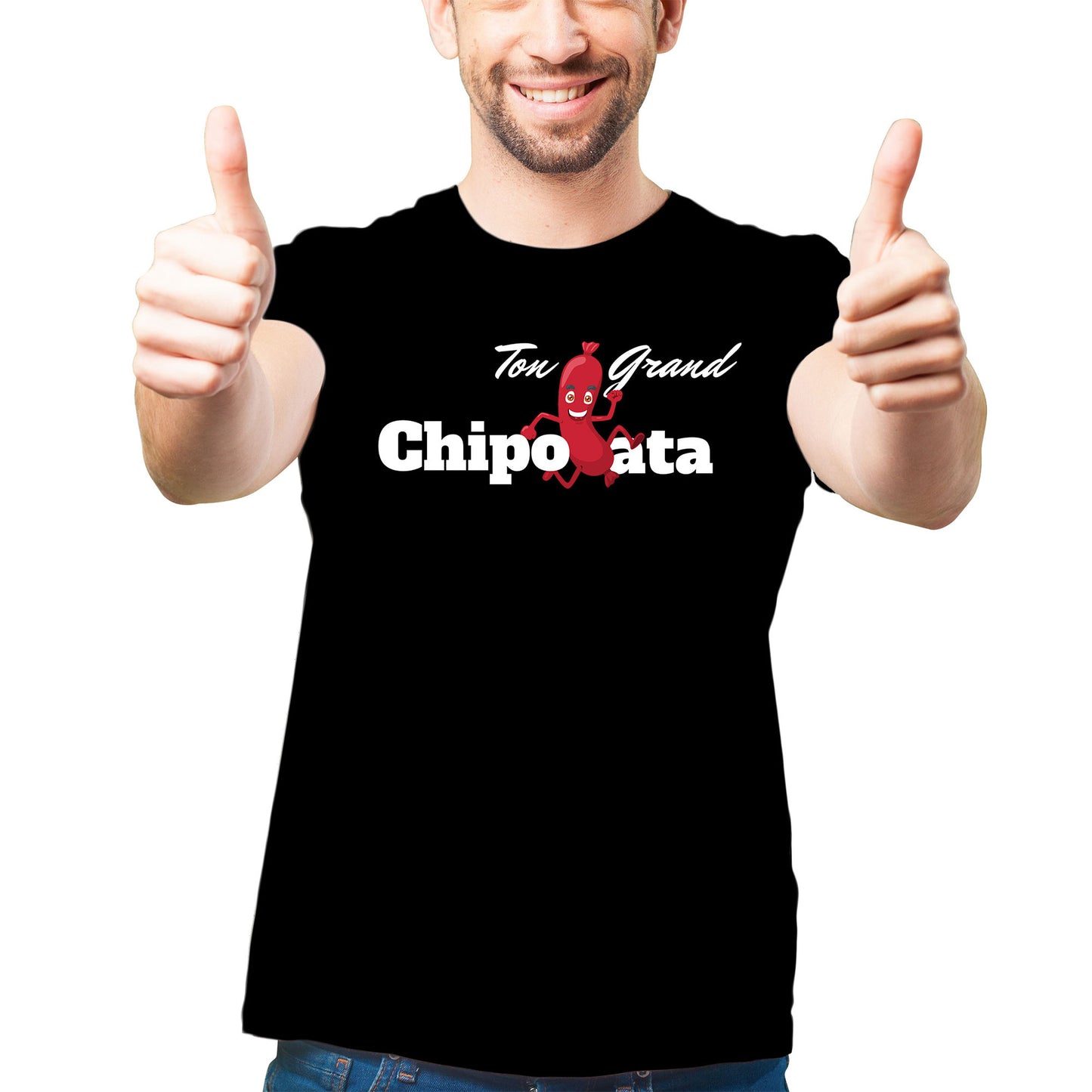 t-shirt homme chipolata, t-shirt saucisse, t-shirt humour, t-shirt chipolata, t-shirt drôle, t-shirt comique, t-shirt téo lavabo, t-shirt homme noir