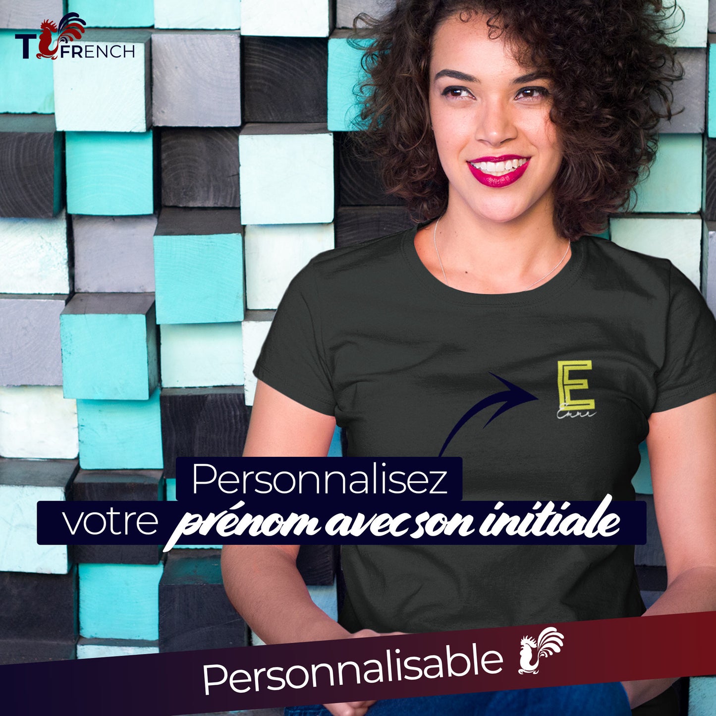 t-shirt personnalisé femme avec initiale et prénom en coton bio de T-French, t-shirt initiales, t-shirt prénom, t-shirt femme personnalisable, t-shirt prénom personnalisé, t-shirt prénom femme, tee shirt personnalisable en coton bio, t-shirt personnalisé noir