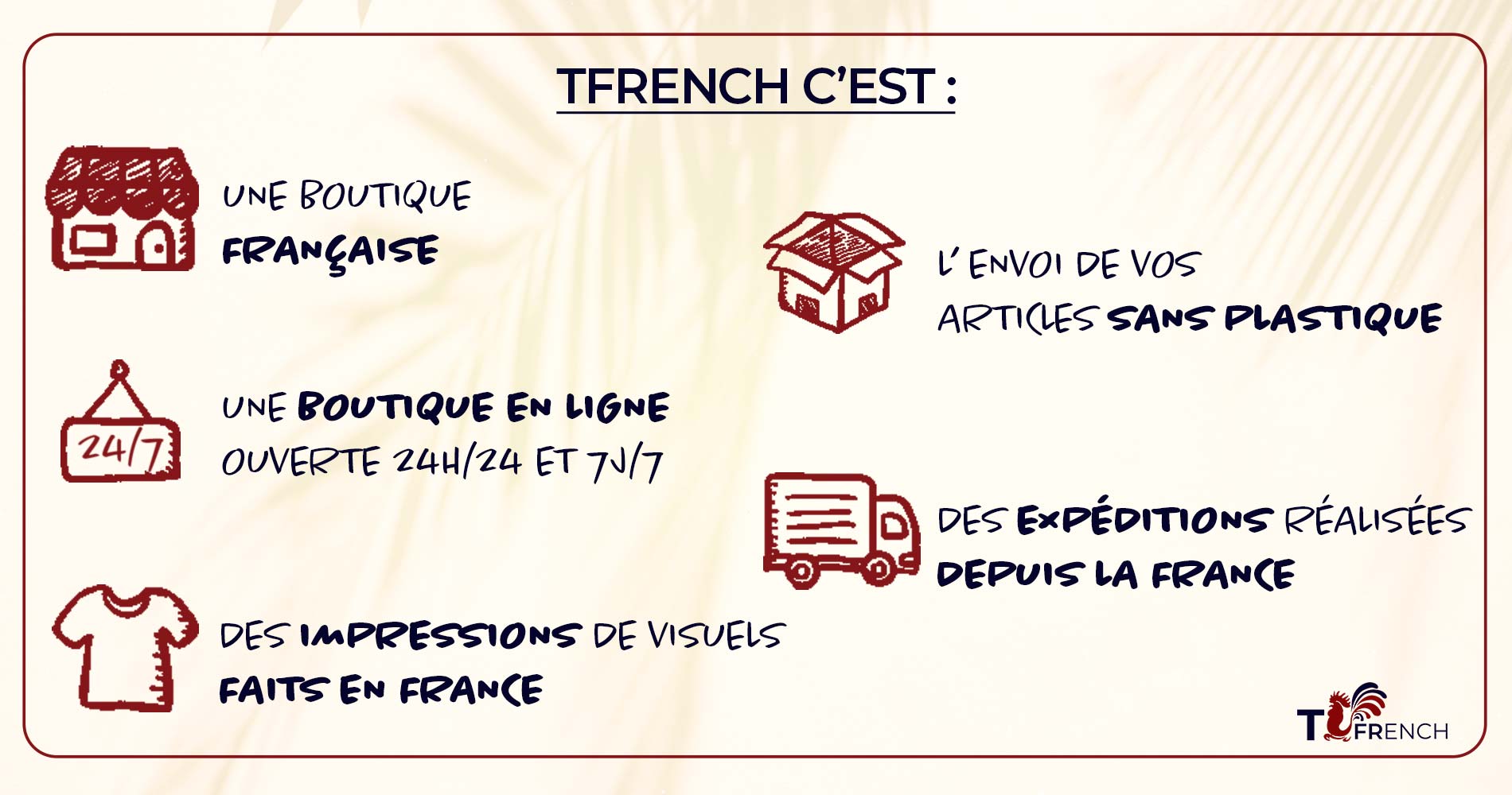 bannière T-French c'est quoi, bannière boutique française, boutique en ligne, envois depuis la France, emballages sans plastique