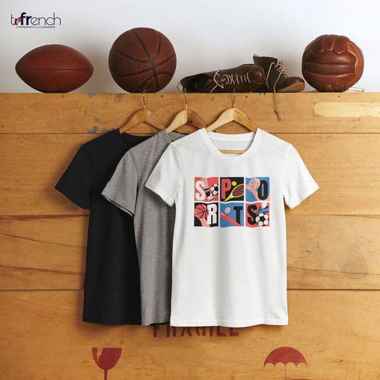 t-shirt en coton bio logo sports de tfrench, t-shirt logo sports, t-shirt avec différentes disciplines de sport, t-shirt sportuf, t-shirt amateur de sport, t-shirt homme sport, t-shirt pour les sportifs, t-shirts différents coloris avec logo sport