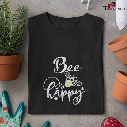 t-shirt bio mixte Bee Happy de t-franch, t-shirt bee happy, t-shirt abeille en coton bio, tee shirt mixte jeux de mots, t-shirt be happy avec guêpe, t-shirt homme et femme bee happy, t-shirt bee happy noir