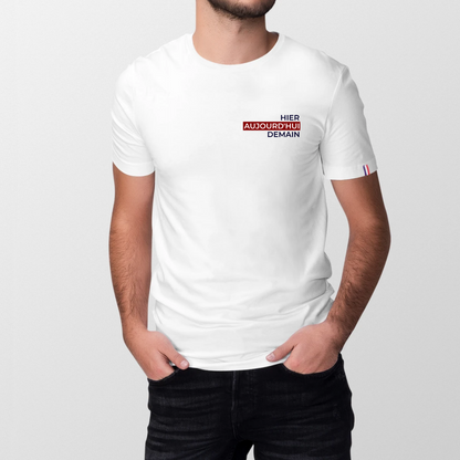t-shirt homme Made in France Hier, Aujourd'hui, Demain en coton bio de T-French, t-shirt Made in France homme en coton bio, t-shirt Origine France french, tee shirt fabriqué en France, t-shirt Blanc