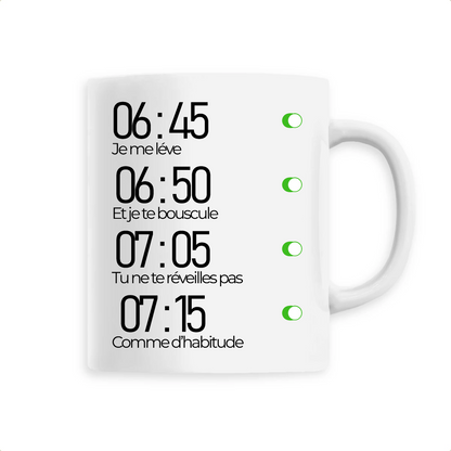 mug en céramique humour réveil à la Claude François de T-French, mug humoristique Comme d'habitude, mug petit déjeuner tasse à café drôle, tasse à thé humour, mug message drôle, mug chanson Claude François, mug Blanc