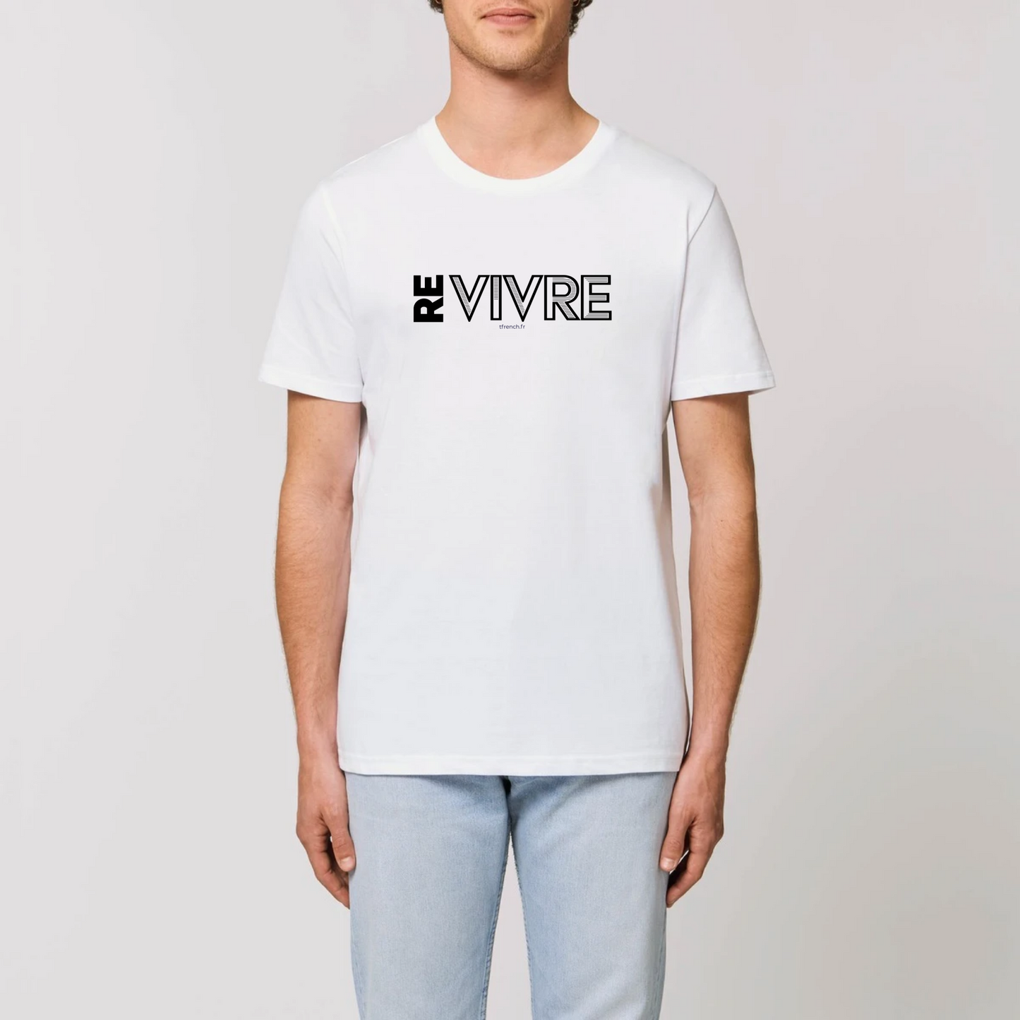 t-shirt Re Vivre en coton bio pour homme de T-French, t-shirt vivre, t-shirt liberté, tee shirt homme bio Re Vivre, t-shirt Blanc