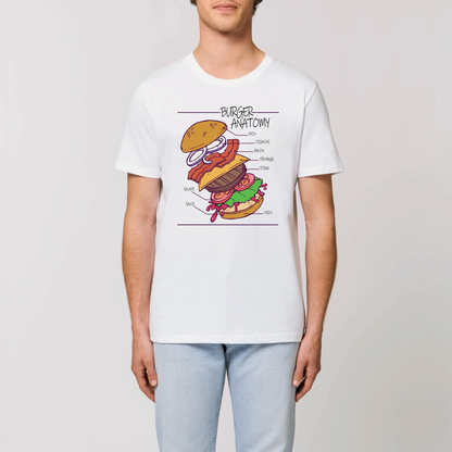 t-shirt burger anatomy en coton bio pour homme de T-French, t-shirt homme burger, t-shirt burger, tee shirt en coton bio homme, t-shirt homme humour, t-shirt humour nourriture, Blanc