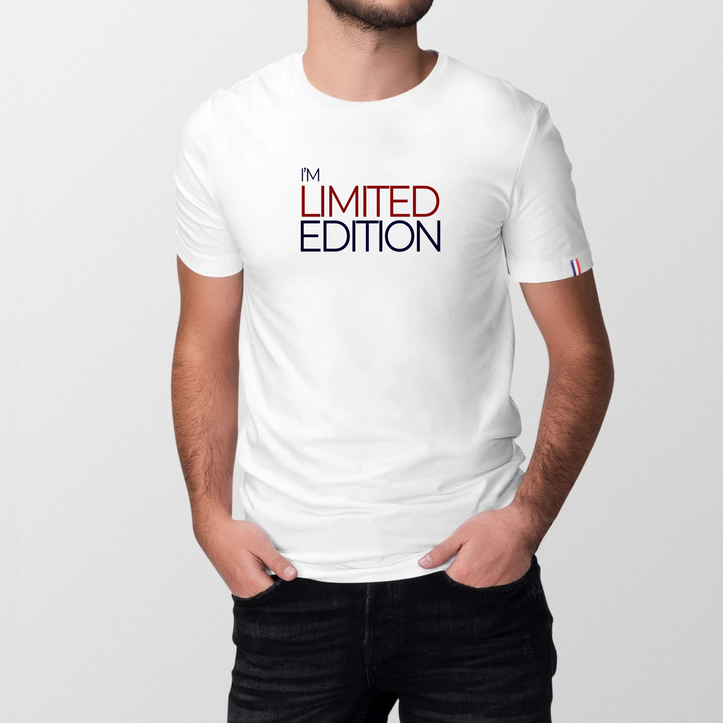t-shirt Made in France homme en coton bio I'm Limited Edition de T-French, t-shirt homme made in France, t-shirt message fabriqué en France, t-shirt Origine France Garantie, t-shirt french, t-shirt french touch, t-shirt homme Blanc