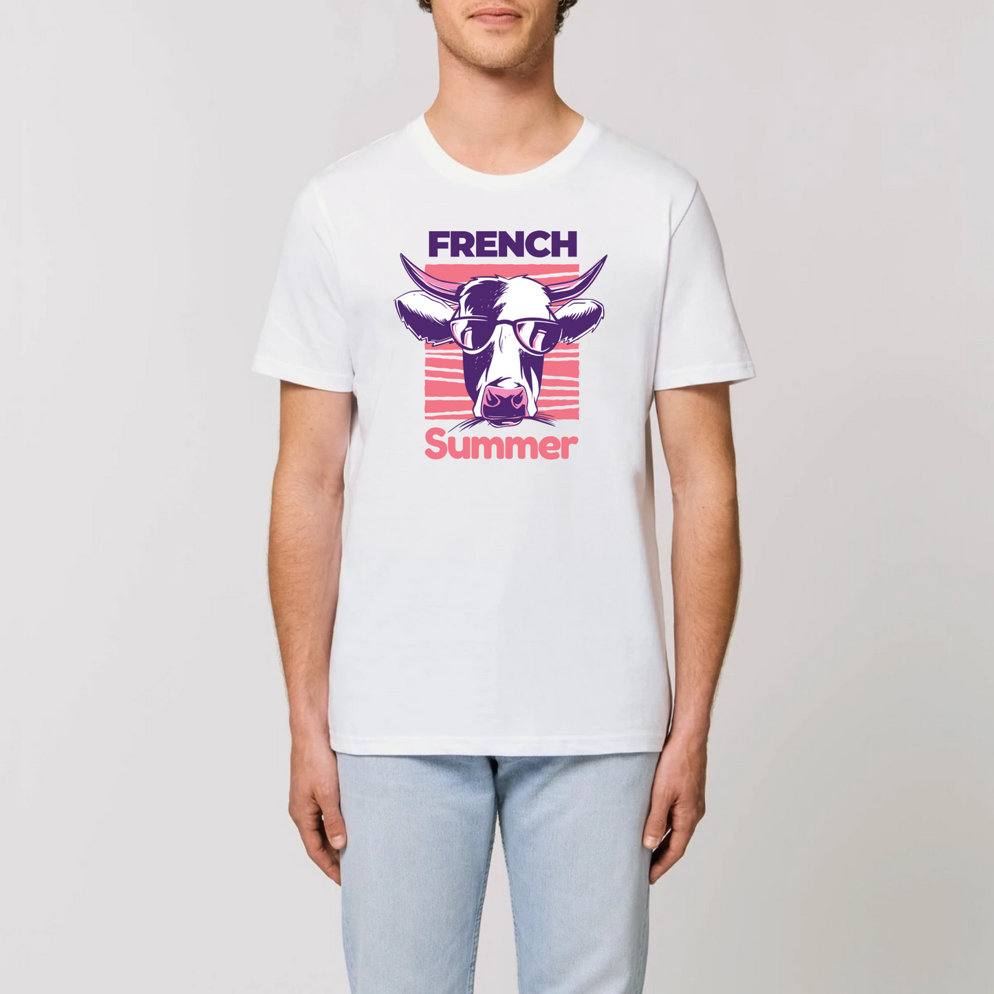 t-shirt mixte vache french summer en coton bio de T-French, t-shirt vache, t-shirt french summer, t-shirt vache à lunettes, t-shirt homme été, t-shirt femme été, t-shirt mixte french summer, t-shirt été français, t-shirt taureau, t-shirt bio homme et femme, t-shirt Blanc