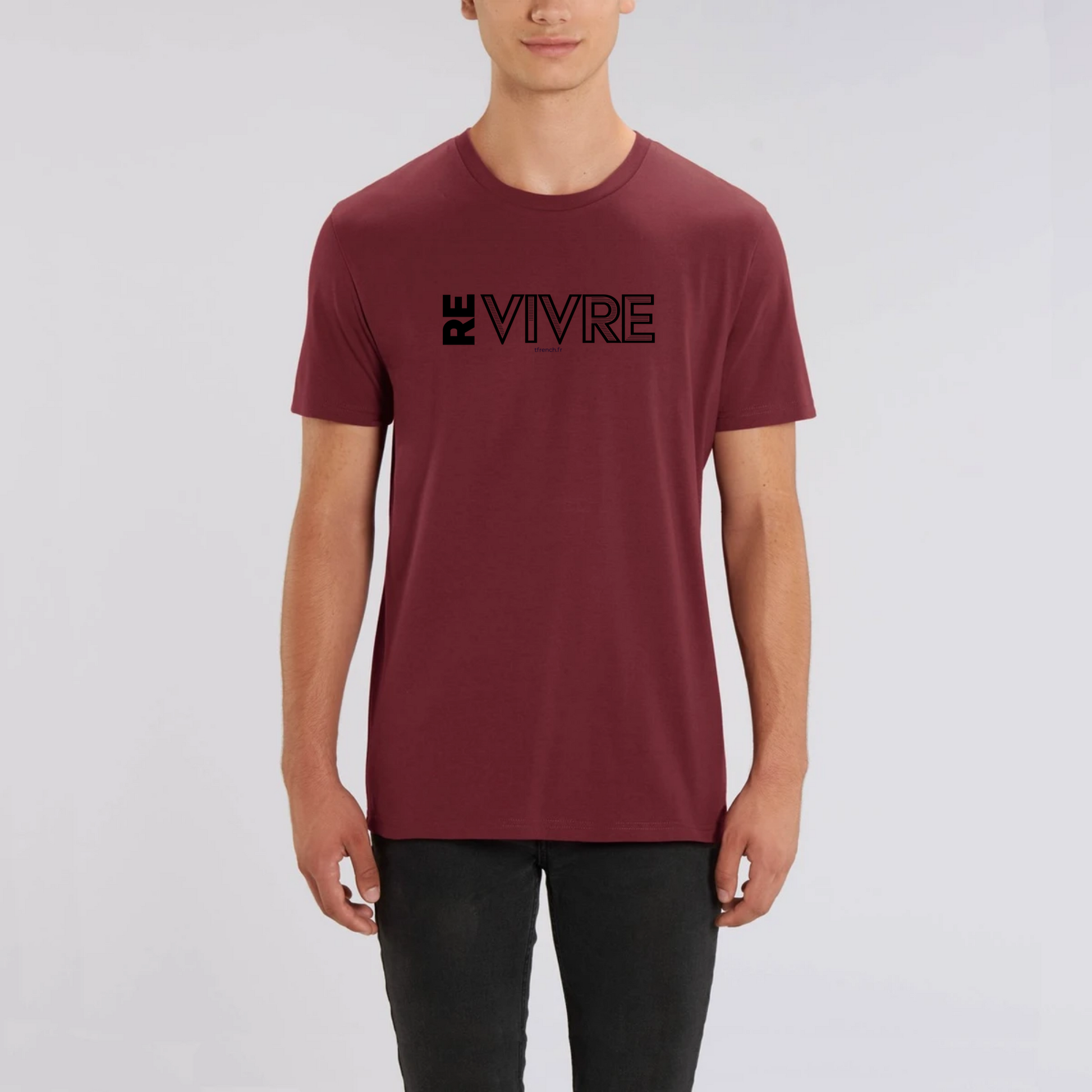 t-shirt Re Vivre en coton bio pour homme de T-French, t-shirt vivre, t-shirt liberté, tee shirt homme bio Re Vivre, t-shirt Bordeaux