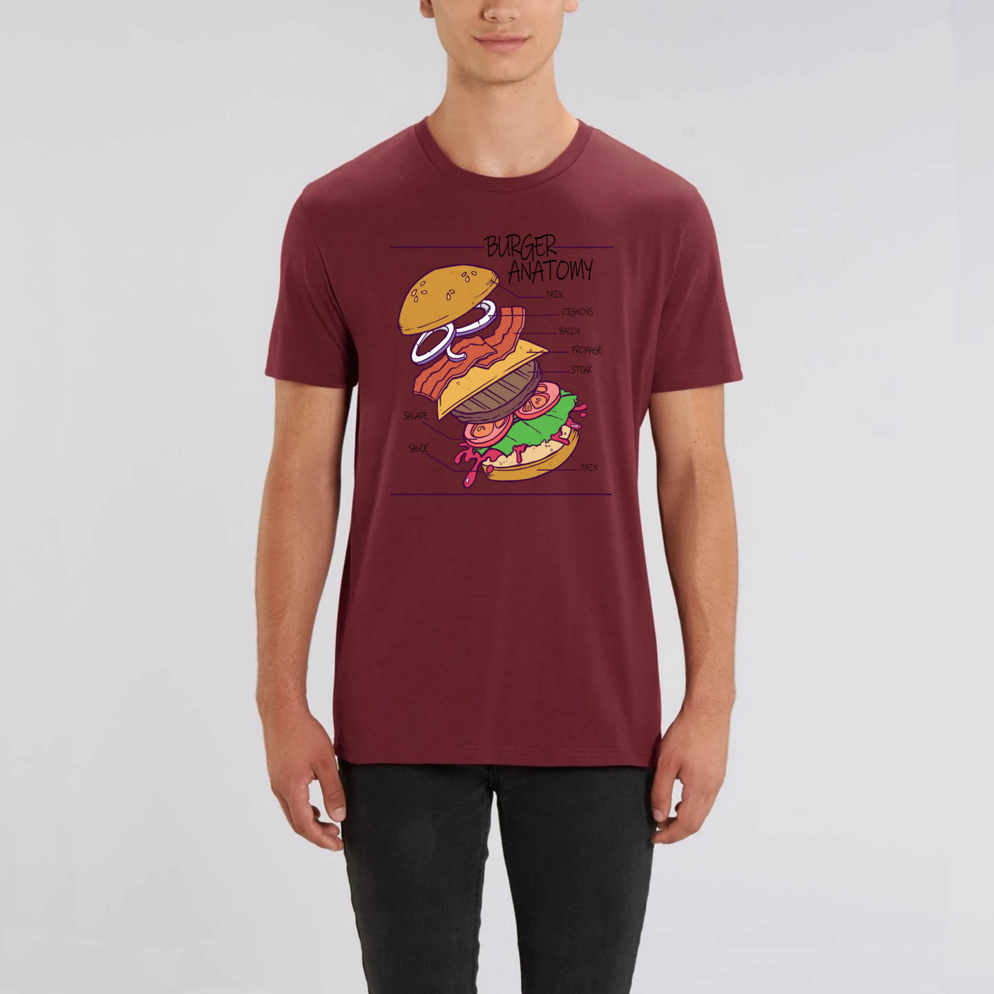 t-shirt burger anatomy en coton bio pour homme de T-French, t-shirt homme burger, t-shirt burger, tee shirt en coton bio homme, t-shirt homme humour, t-shirt humour nourriture, Bordeaux
