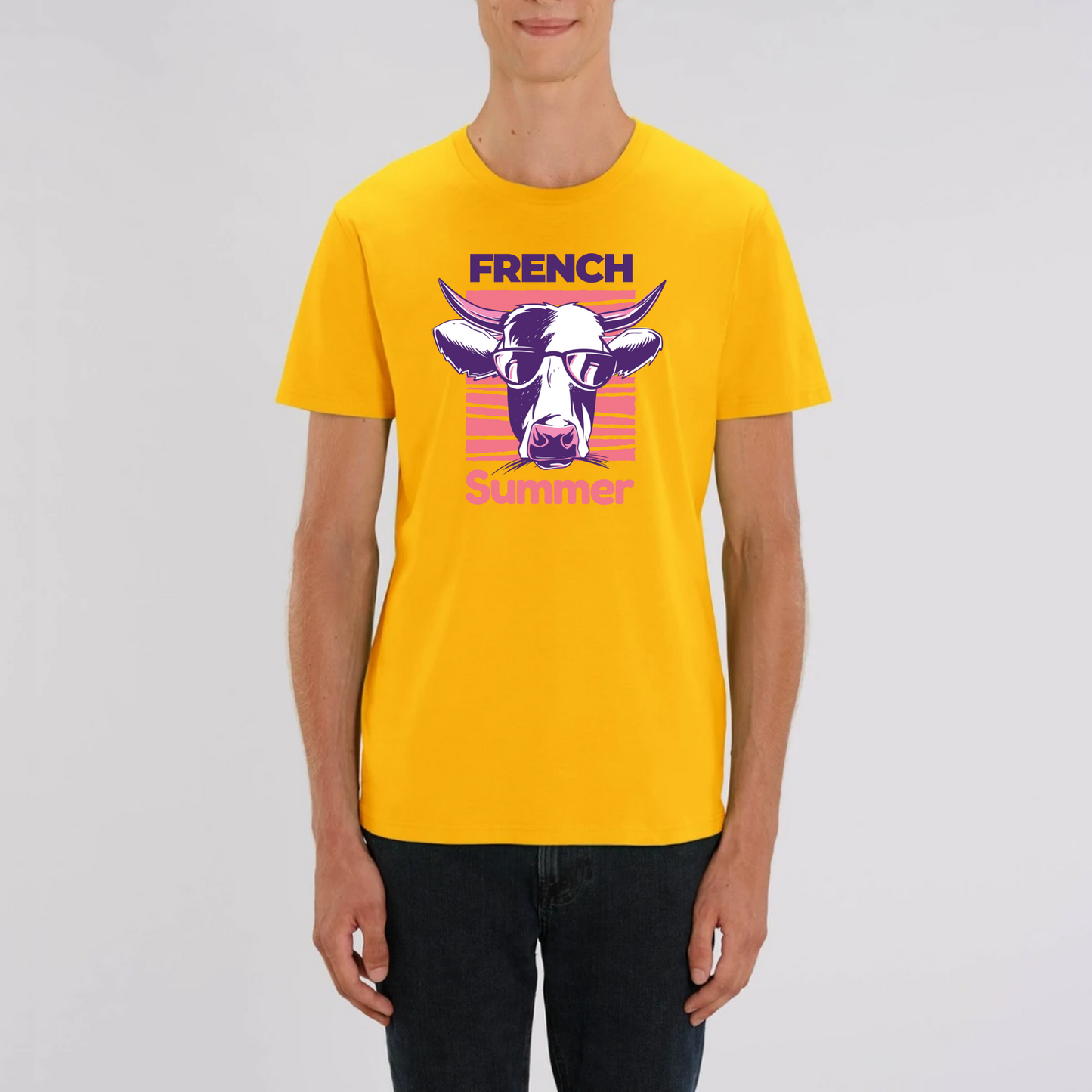 t-shirt mixte vache french summer en coton bio de T-French, t-shirt vache, t-shirt french summer, t-shirt vache à lunettes, t-shirt homme été, t-shirt femme été, t-shirt mixte french summer, t-shirt été français, t-shirt taureau, t-shirt bio homme et femme, t-shirt Jaune