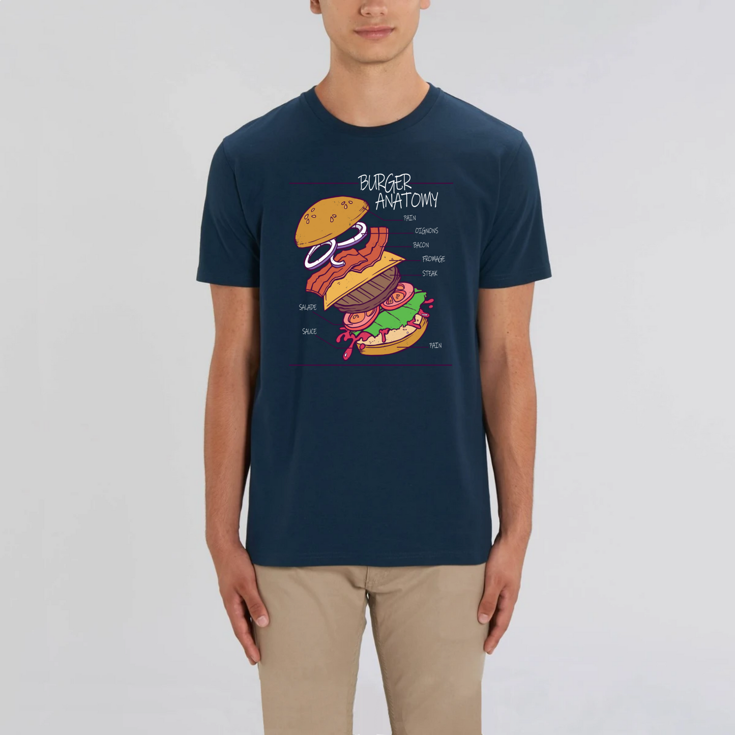 t-shirt burger anatomy en coton bio pour homme de T-French, t-shirt homme burger, t-shirt burger, tee shirt en coton bio homme, t-shirt homme humour, t-shirt humour nourriture, Marine