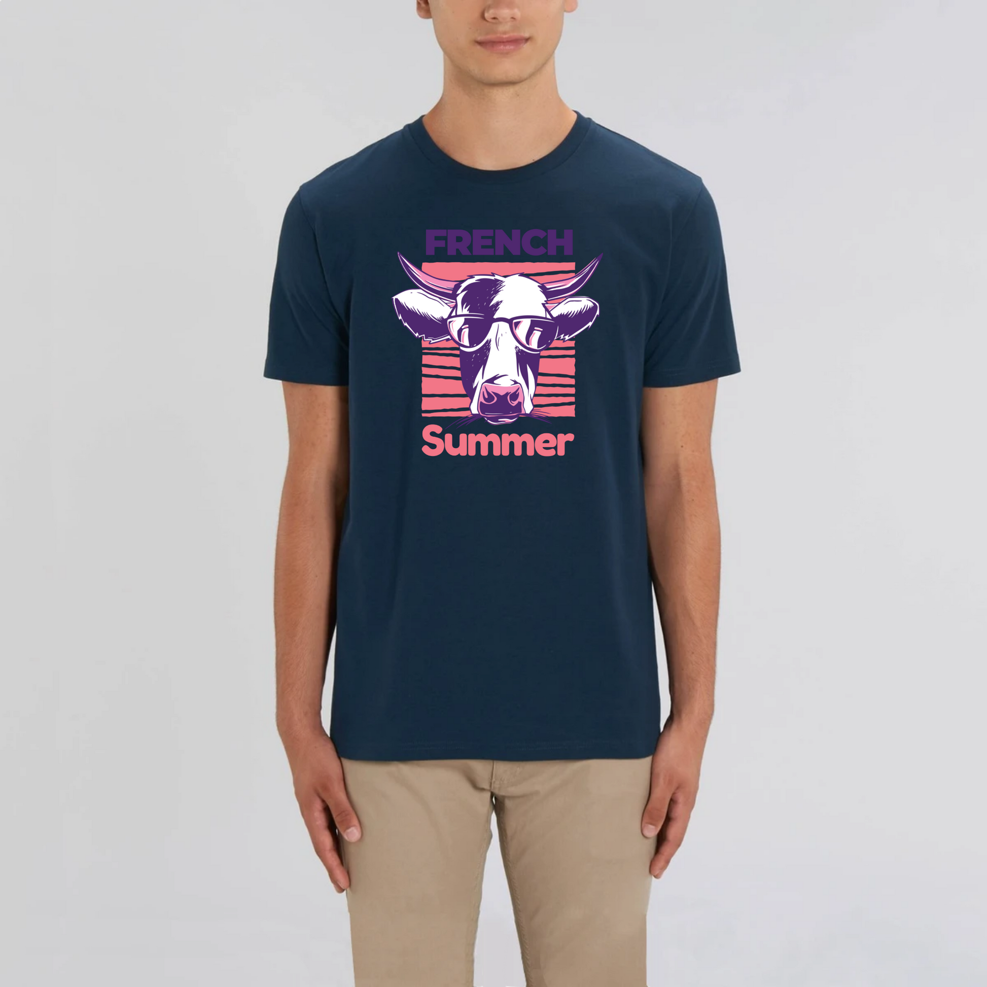 t-shirt mixte vache french summer en coton bio de T-French, t-shirt vache, t-shirt french summer, t-shirt vache à lunettes, t-shirt homme été, t-shirt femme été, t-shirt mixte french summer, t-shirt été français, t-shirt taureau, t-shirt bio homme et femme, t-shirt Marine