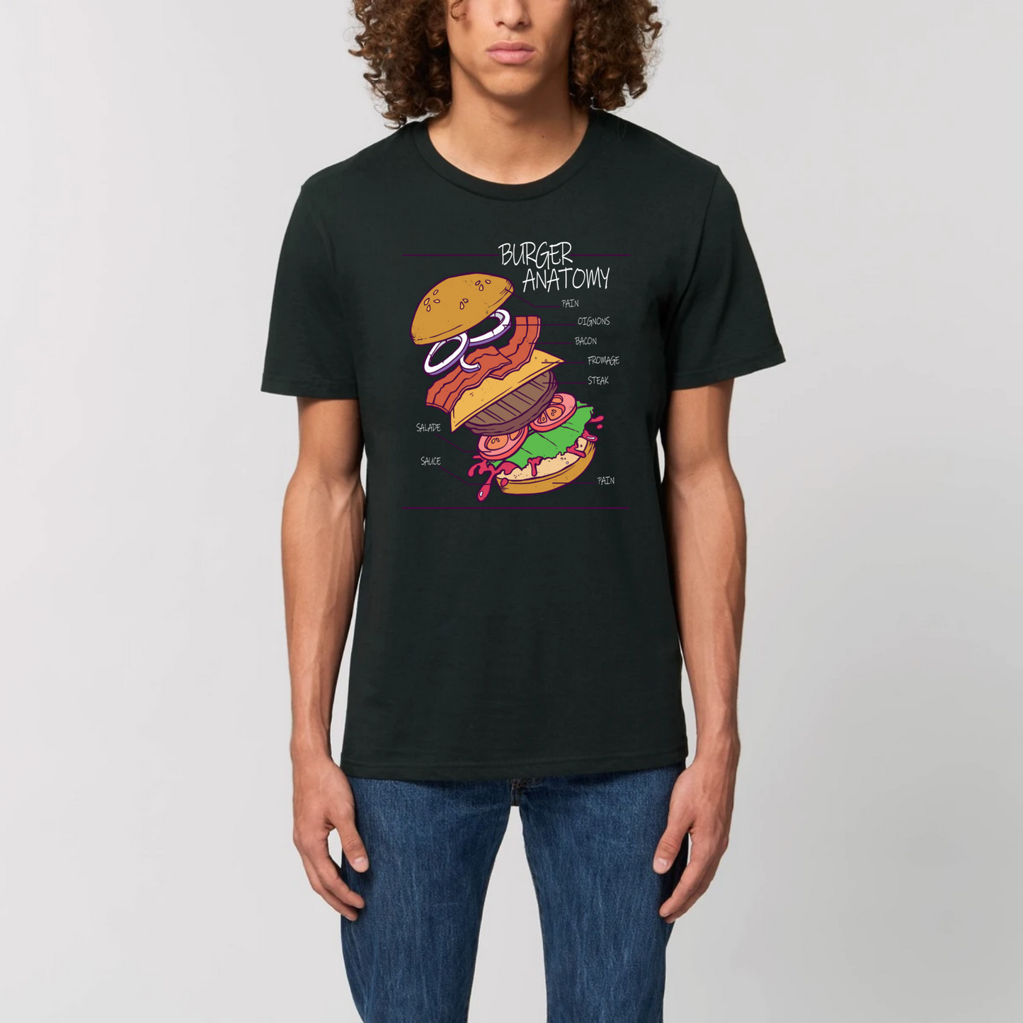 t-shirt burger anatomy en coton bio pour homme de T-French, t-shirt homme burger, t-shirt burger, tee shirt en coton bio homme, t-shirt homme humour, t-shirt humour nourriture, Noir
