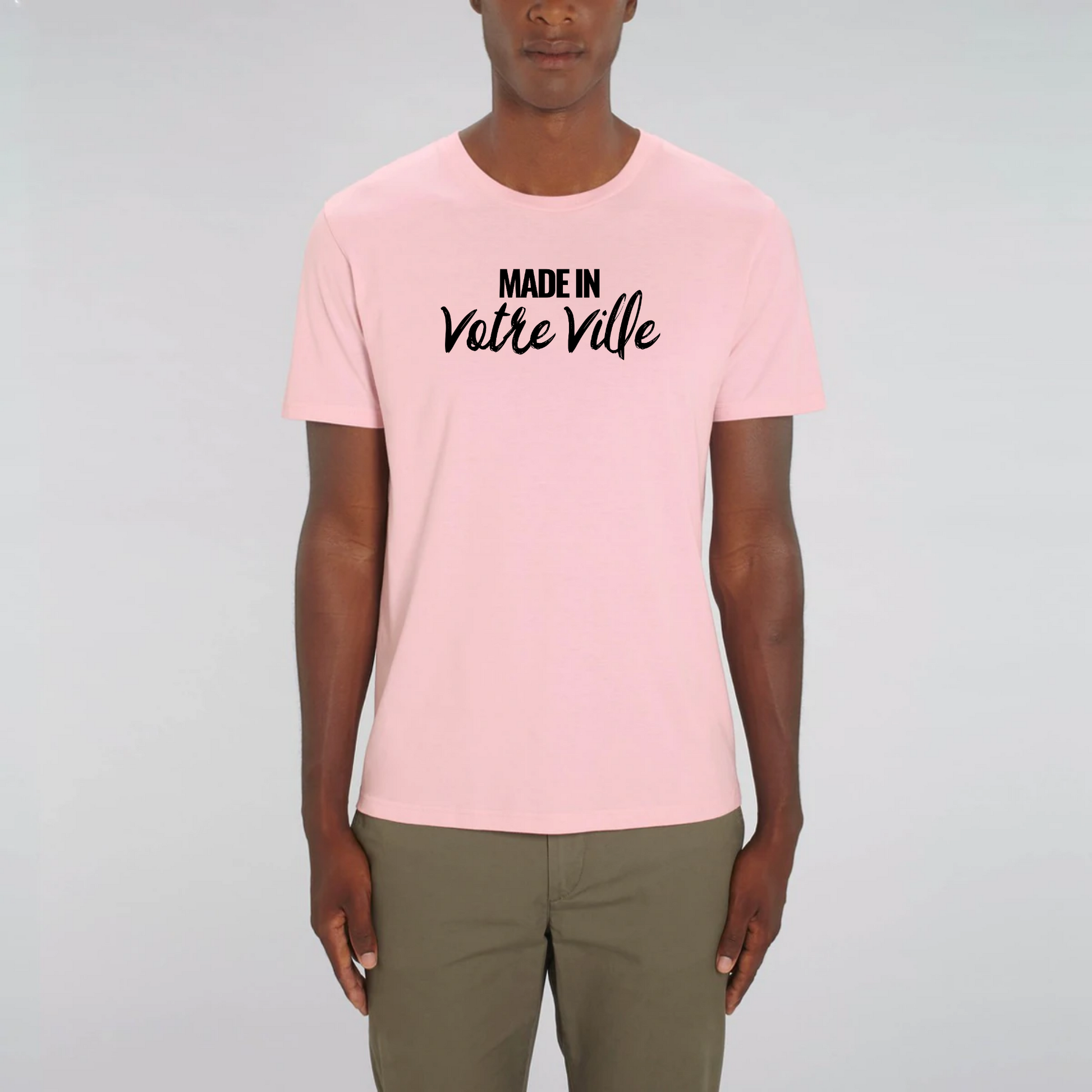 t-shirt personnalisé made in votre ville en coton bio blanc de T-French, t-shirt personnalisable avec votre ville, t-shirt nom de ville, t-shirt made in, t-shirt personnalisable en coton bio, t-shirt T-French, t-shirt Rose