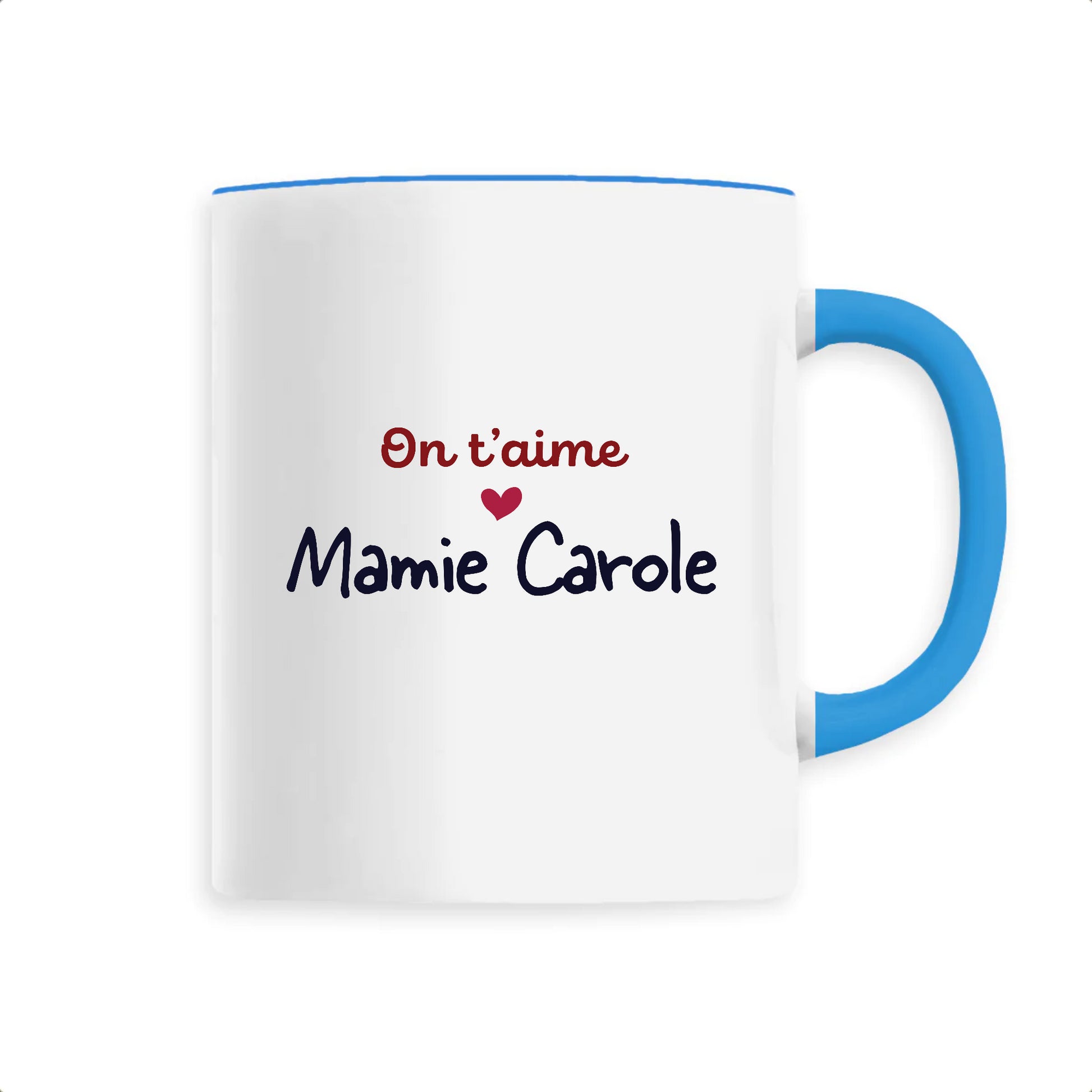 Mug en céramique personnalisable on t'aime de T-French, mug personnalisé, mug fête des grands mères, tasse fete des mamies, mug avec message personnalisé, mug on t'aime mamie, mug avec prénom, mug on t'aime mamie Bleu