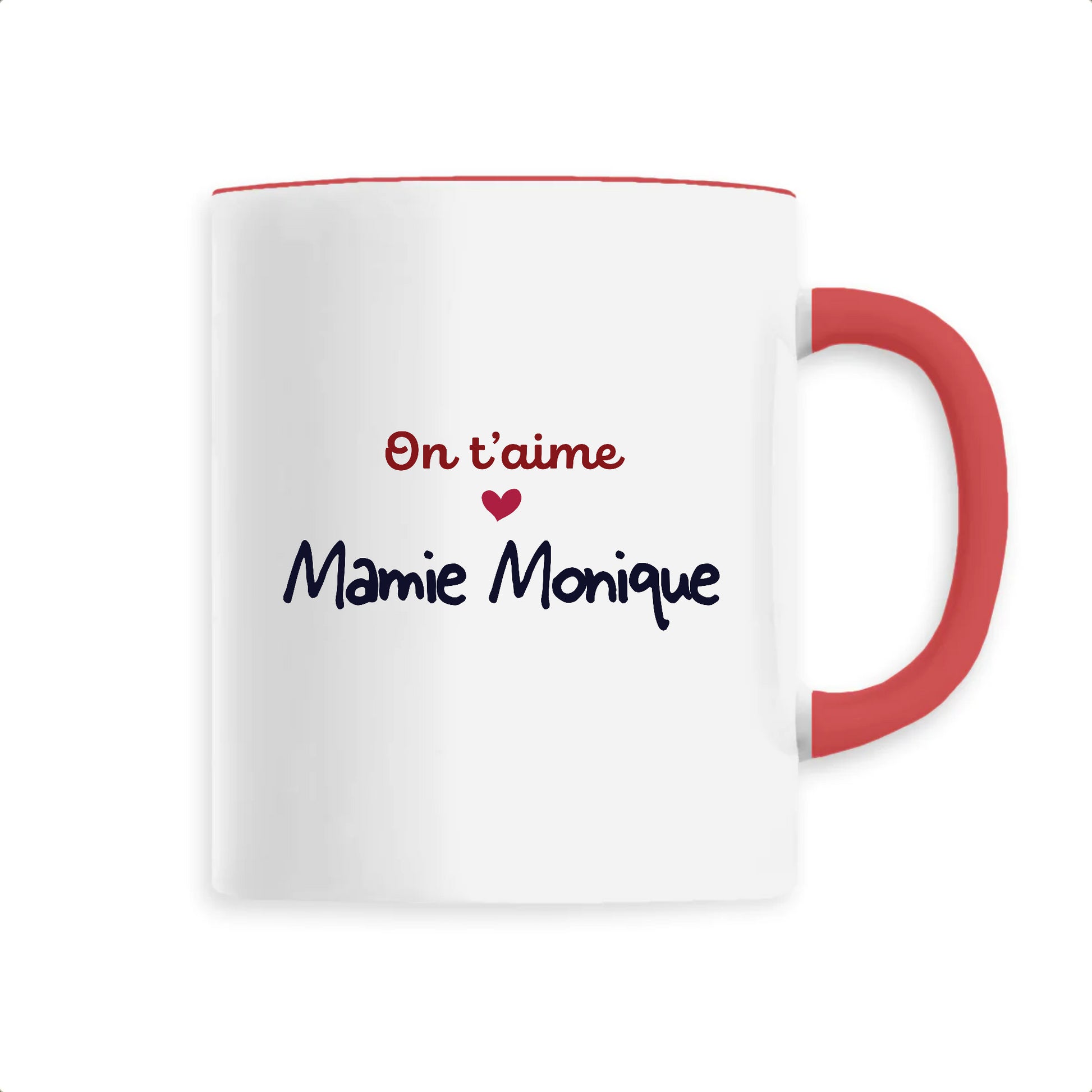 Mug en céramique personnalisable on t'aime de T-French, mug personnalisé, mug fête des grands mères, tasse fete des mamies, mug avec message personnalisé, mug on t'aime mamie, mug avec prénom, mug on t'aime mamie Rouge