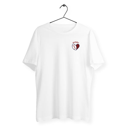 T-Shirt Mixte Bio - Amour du Rugby blanc, t-shirt amour du rugby en coton bio de T-French, t-shirt mixte rugby, t-shirt de rugby, t-shirt ballon de rugby et coeur, t-shirt coeur de rugby, t-shirt sport rugby, t-shirt amour de rugby blanc