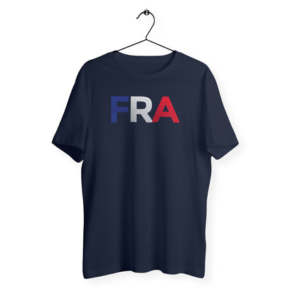 T-Shirt Mixte Bio - France Initiales (poitrine), t-shirt mixte France, t-shirt supporter équipe de France, t-shirt France, t-shirt homme France, t-shirt femme France, t-shirt football, t-shirt UEFA Euro 2020, t-shirt Euro France, t-shirt fan de football, t-shirt de foot, t-shirt fan de l'équipe de France, impression poitrine, t-shirt match de foot, t-shirt marine