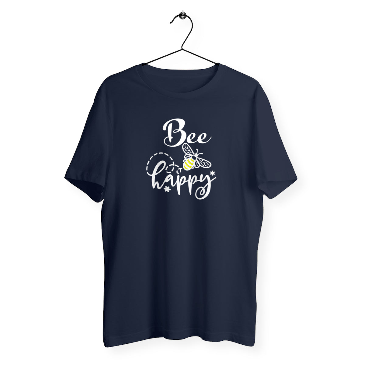 T-Shirt Mixte Bio - Bee Happy (blanc), t-shirt bio mixte Bee Happy de t-franch, t-shirt bee happy, t-shirt abeille en coton bio, tee shirt mixte jeux de mots, t-shirt be happy avec guêpe, t-shirt homme et femme bee happy, t-shirt bee happy bleu