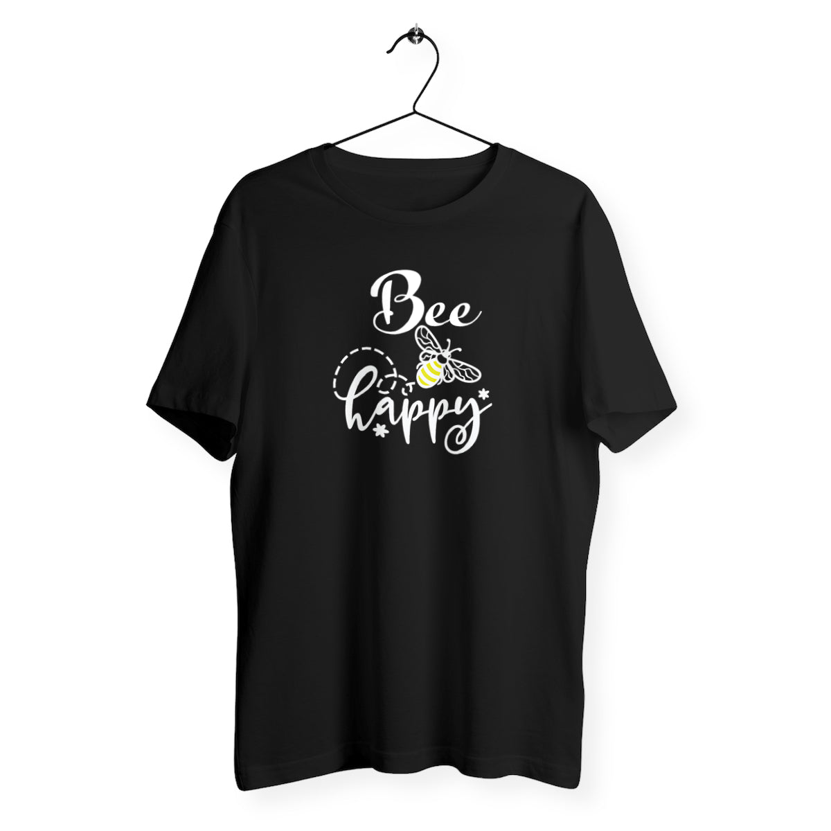 T-Shirt Mixte Bio - Bee Happy (blanc), t-shirt bio mixte Bee Happy de t-franch, t-shirt bee happy, t-shirt abeille en coton bio, tee shirt mixte jeux de mots, t-shirt be happy avec guêpe, t-shirt homme et femme bee happy, t-shirt bee happy noir
